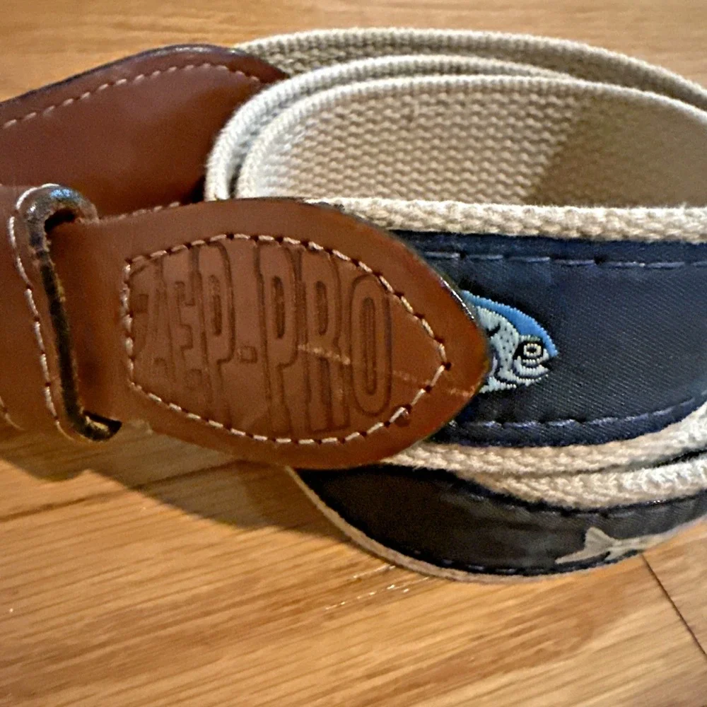 Zep-Pro Nylon Nautical sewn Shark Blue Brass Buckle Adjustable Belt Men's 42